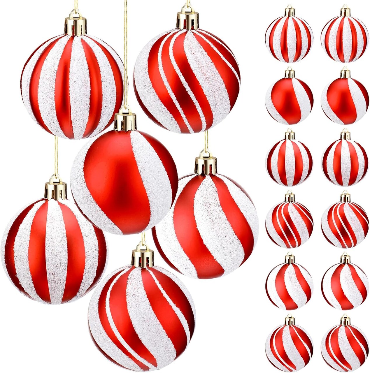 12 Pcs 2.4 Inch Christmas Ball Ornaments Glittering Plastic Hanging Decorations Elf Balls Swirl Candy Cane Peppermint Christmas Tree Pendants for Xmas Tree Decoration (Red and White)